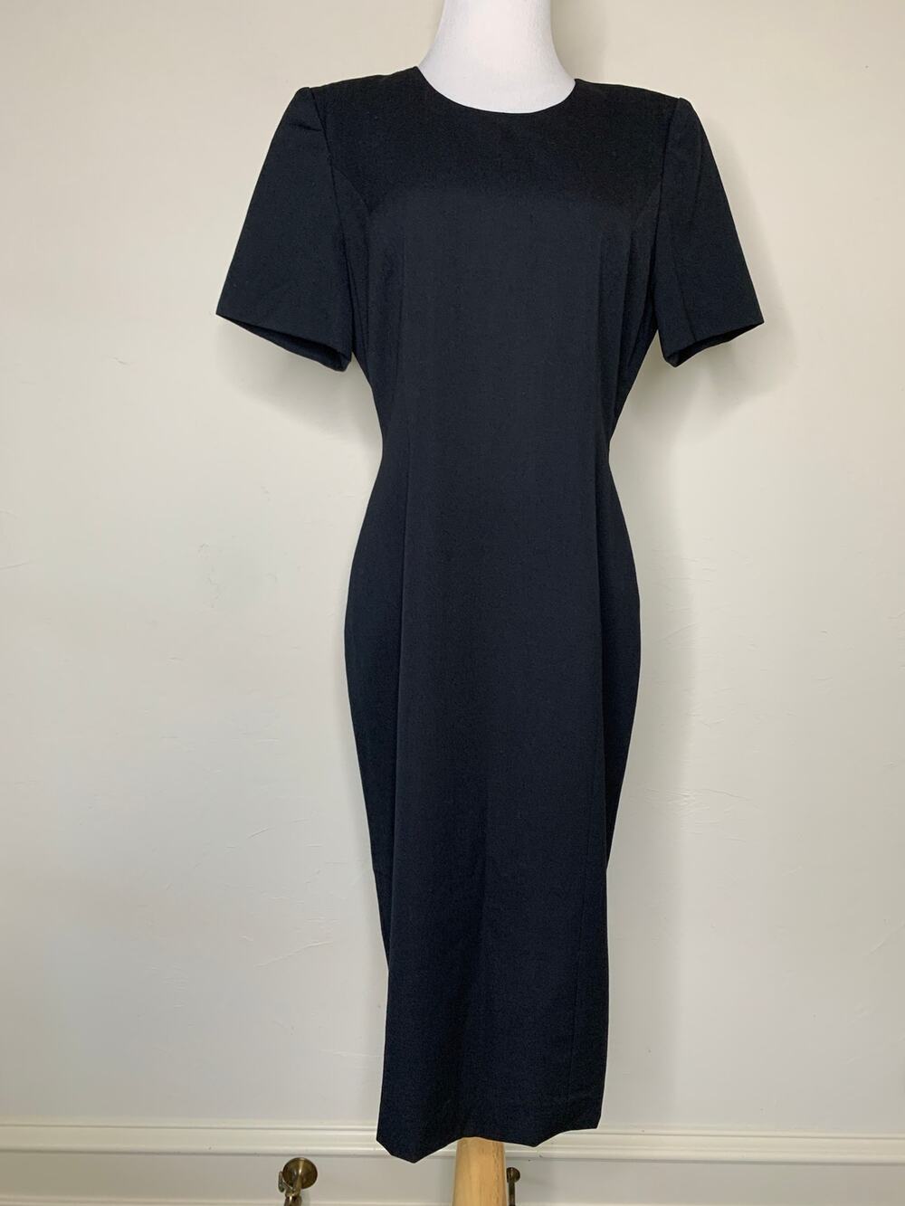 Vintage Worsted Wool Black Sheath Dress Short Sleeves Sz 8